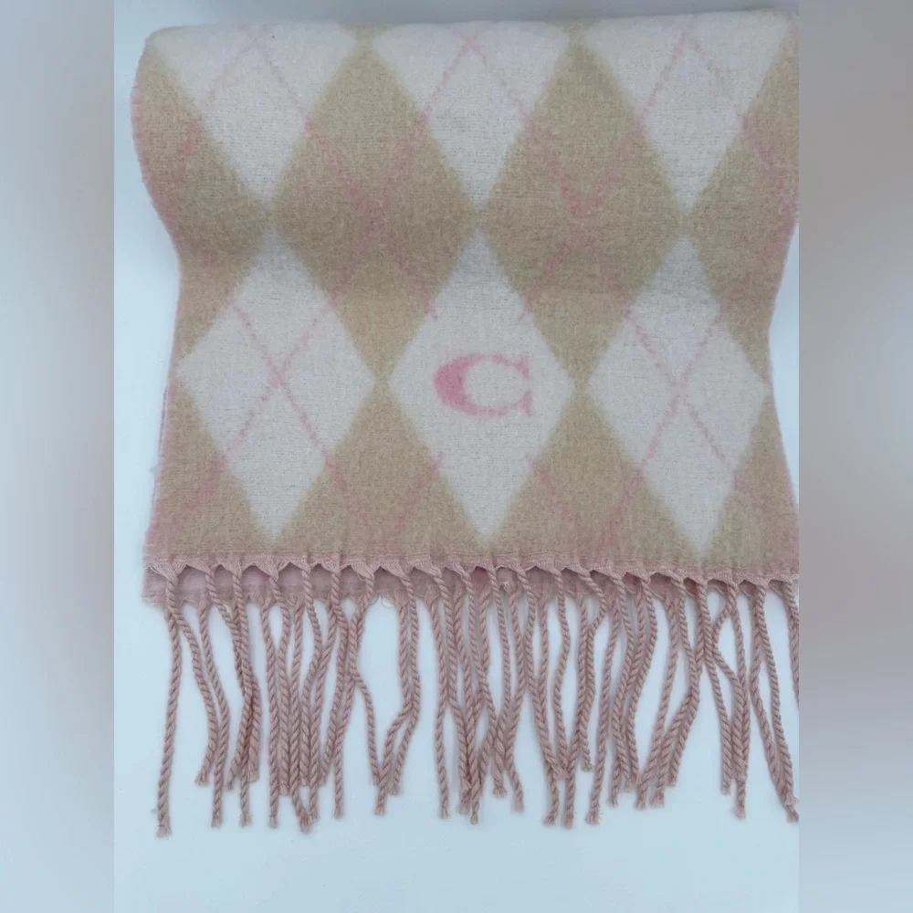 Coach CE486 Wool Blend Argyle Scarf/Wrap Pink & Camel | 83% Wool